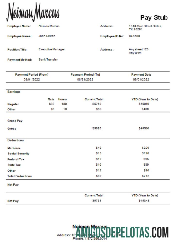 Recibo de pagamento da empresa de loja de departamentos Neiman Marcus dos EUA baixar para verificação